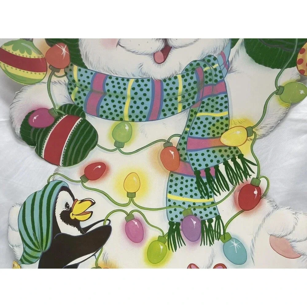 VINTAGE WHITE BEAR PENGUIN CHRISTMAS WINDOW DECORATION DIE CUT 2 SIDES 22” RARE